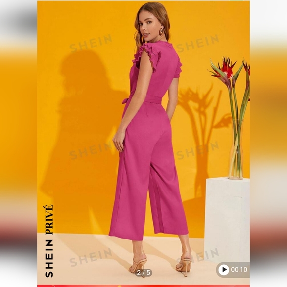 Shein Prive Layered Pleated Sleeve Belted Jumpsuit. Size XL. Color: Pink - Picture 12 of 16